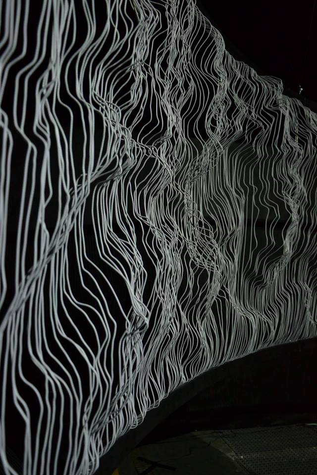 Close view of the hanging wires forming a ridged relief, lit white against black.