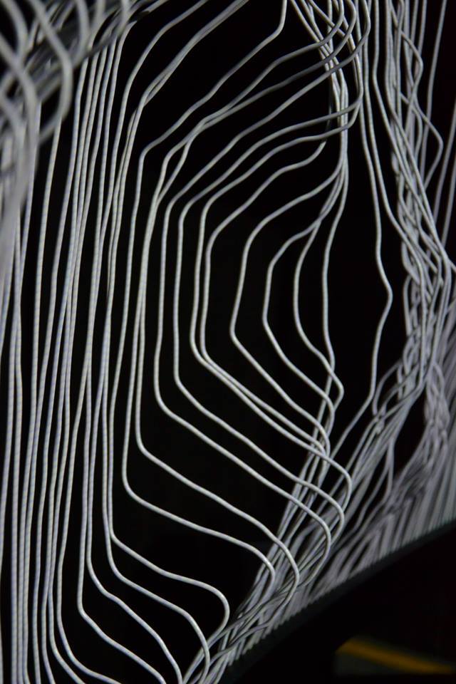 The curved wire surface in close-up, fine white lines curving away into darkness.